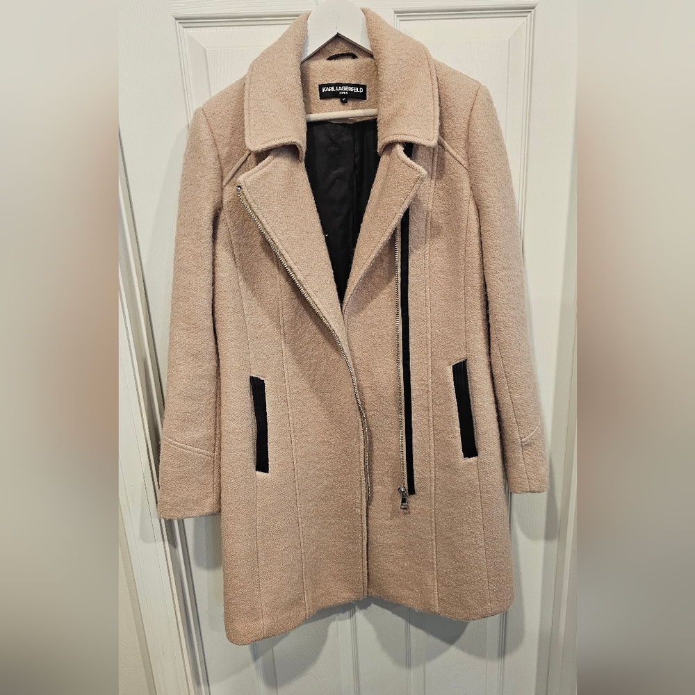 Karl Lagerfeld Womens Cream Wool Blend Coat With Leather Trim - Size M - Picture 4 of 13